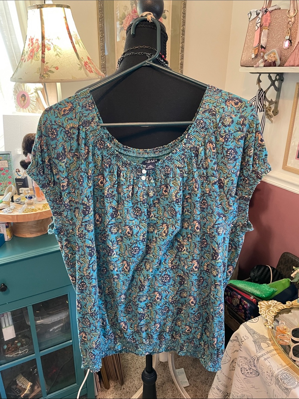 Teal and Black Paisley Short-Sleeve Blouse